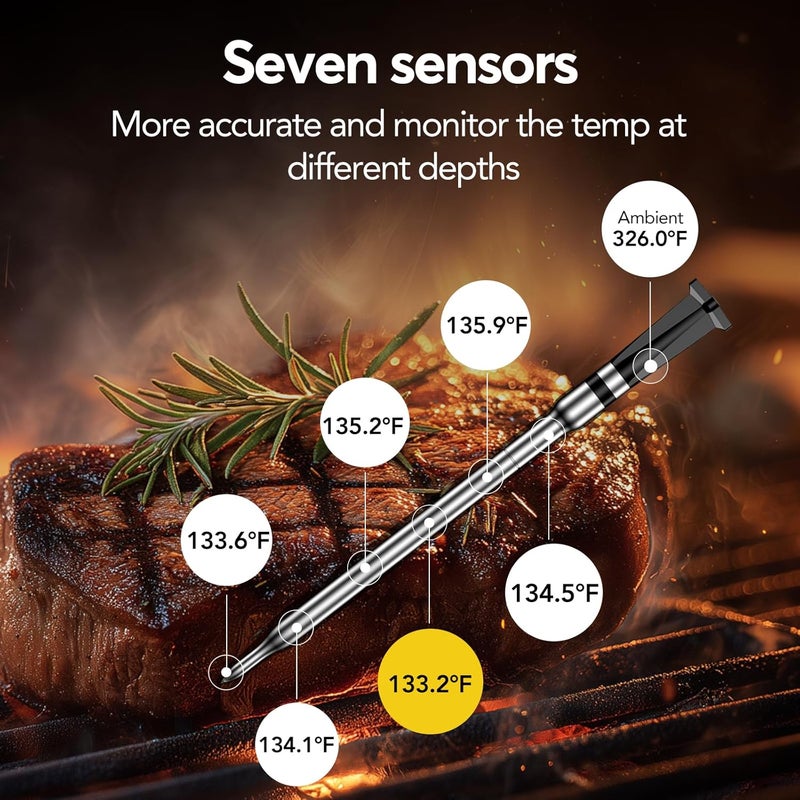 BtcLink WIFI Wireless Meat Thermometer Unlimited Range 7 NIST Certified Accuracy Sensors Sub-1g(10x Stronger than Bluetooth)APP&Magnetic Smart Digital Base for BBQ,Oven,Smoker,Grill (1, black, small) - Image 4